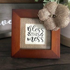 “Bless this Mess” In New Walnut Frame with Rustic Burlap Mat (Version 1)